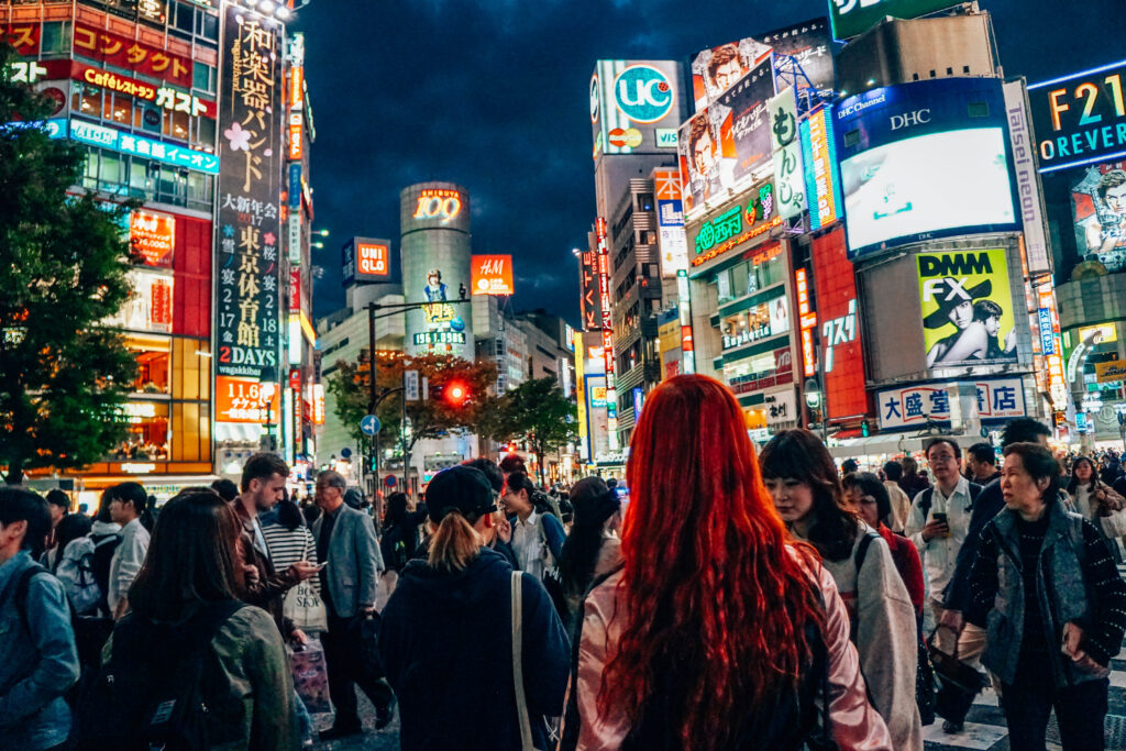 Standing among crowd at Shibuya crossing