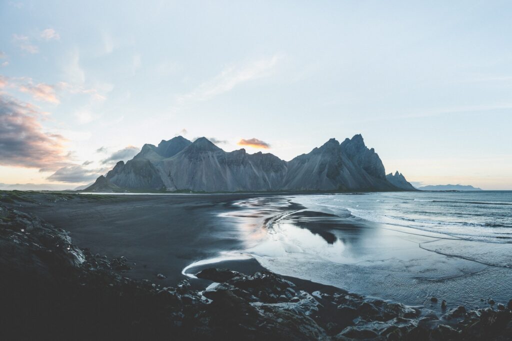 Black sand beach and mountains