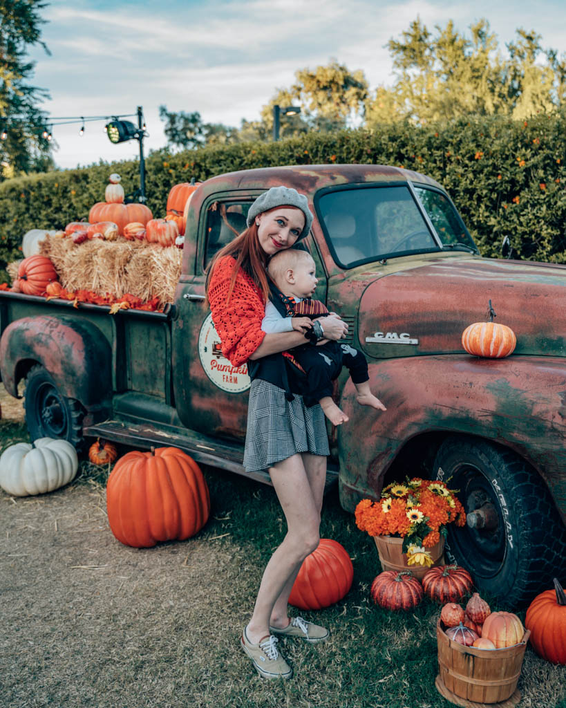 Red truck with pumpkins