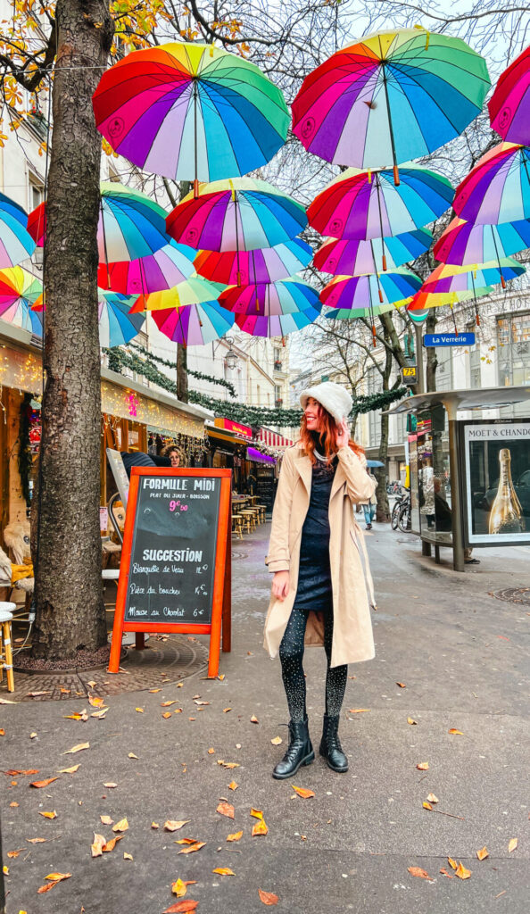 Paris winter fashion- Paris in the rain at an umbrella cafe 