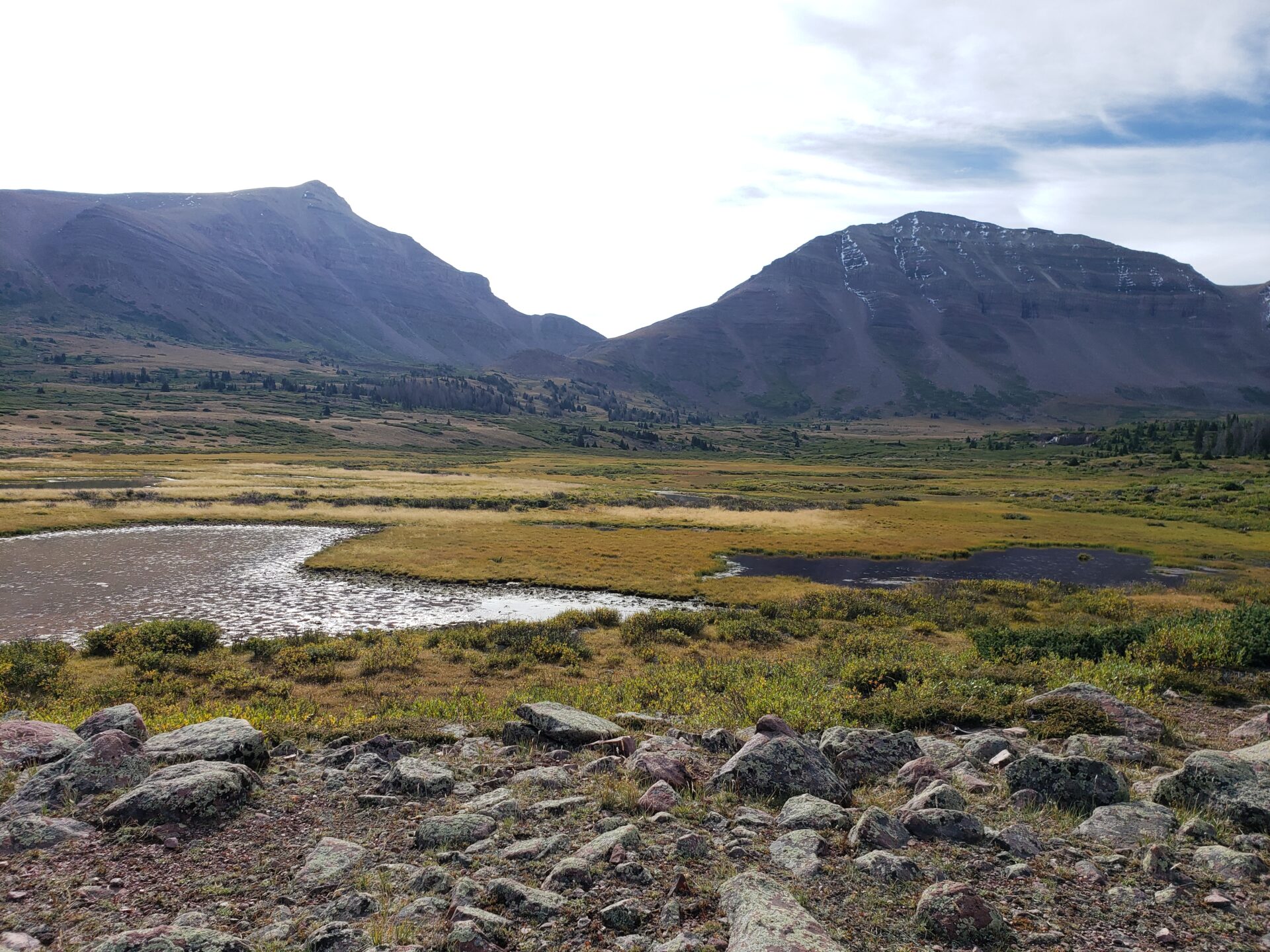 View from camp of lake and mountains below kings peak