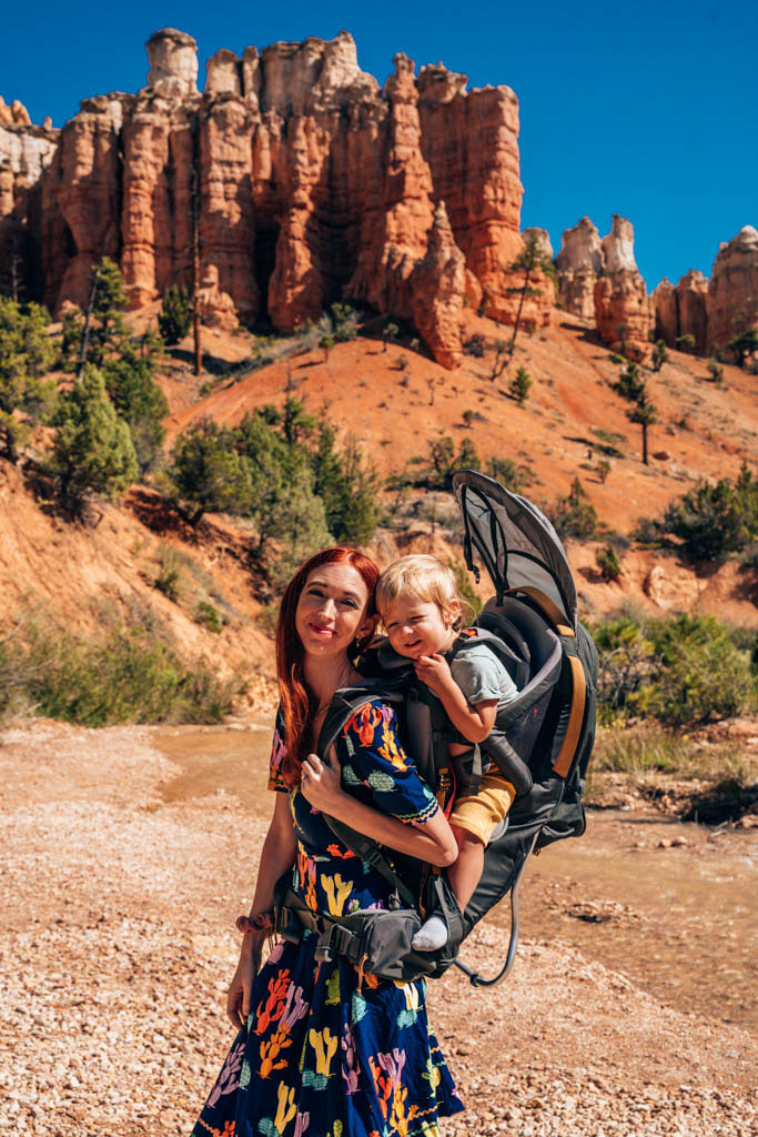 Mom Carries son in hiking carrier at Bryce Canyon