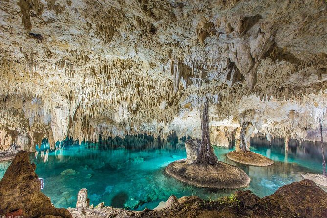 Turquoise waters in cenotes in a cave in Cancun